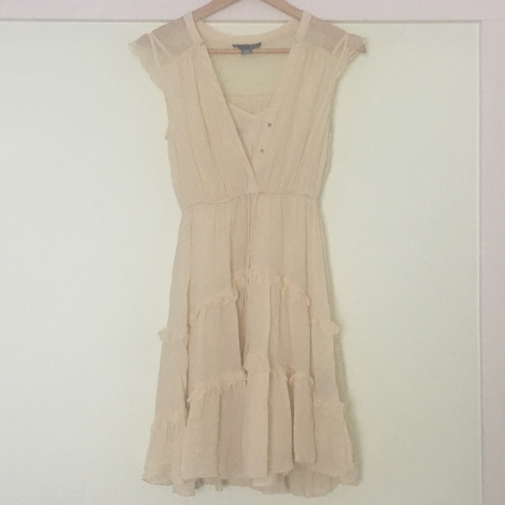 Ivory romantic v neck tiered skirt silk dress